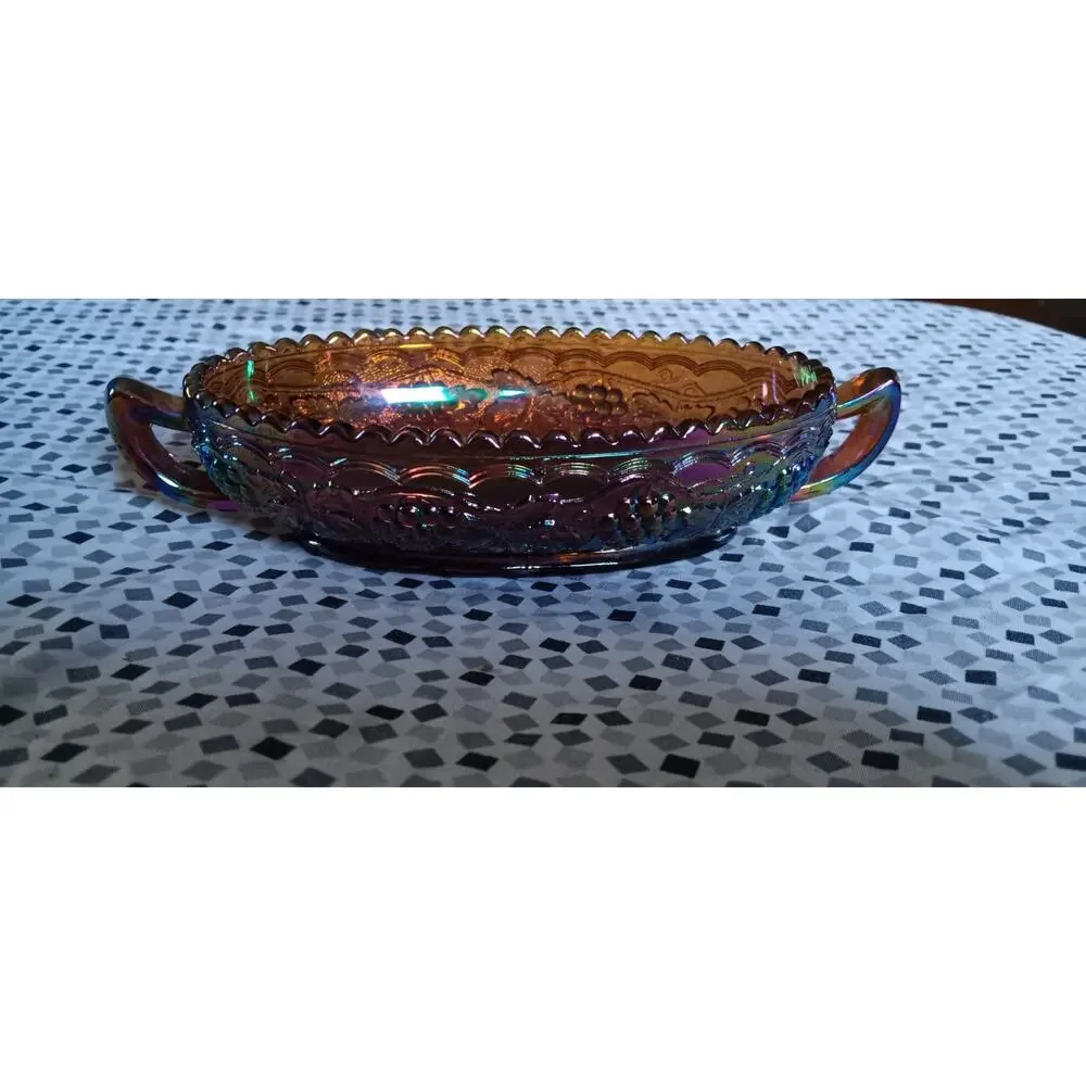 Vintage Imperial Grape Cable Carnival Glass Oval Handled Saw Tooth Rim Bowl